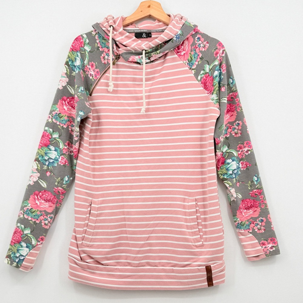 Ampersand Ave DoubleHood Sweatshirt Women Medium Pink Striped Floral Boho Casual